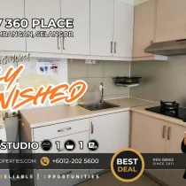Fully furnished 487 sqft studio unit for rent at UNIV360 Place Seri Kembangan near UPM featuring kitchen cabinet and washing machine.