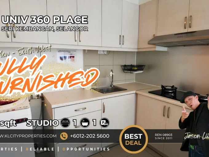 Fully furnished 487 sqft studio unit for rent at UNIV360 Place Seri Kembangan near UPM featuring kitchen cabinet and washing machine.