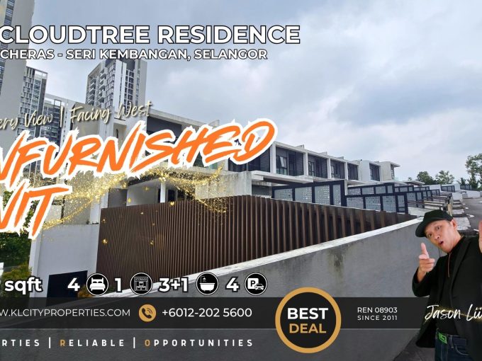 Luxury CloudTree Residence Town Villa exterior in Seri Kembangan showing the modern low-density design with a greenery view facing West.