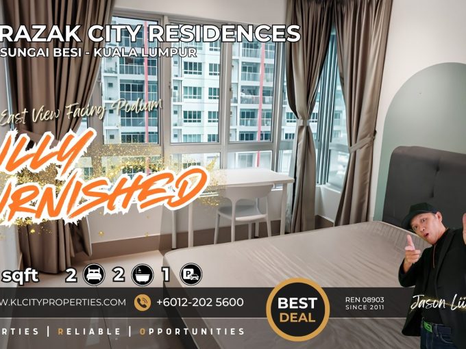Fully furnished master bedroom at Razak City Residence showing North East podium view and study desk.