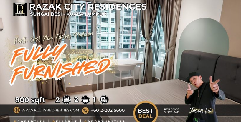 Fully furnished master bedroom at Razak City Residence showing North East podium view and study desk.