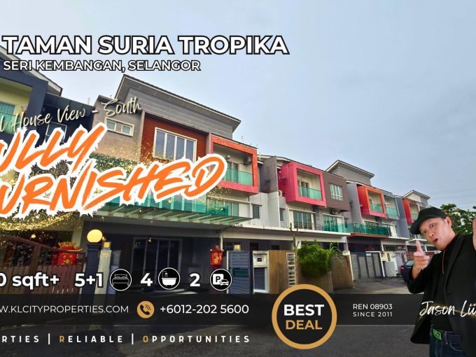A real estate marketing photo showing the exterior of a modern 2.5-story terrace house at Taman Suria Tropika, Seri Kembangan, with a "FULLY FURNISHED" graphic overlay and a real estate agent (Jason Lii) pointing to the deal. Icons indicate 3000 sqft+, 5+1 bedrooms, 4 bathrooms, and 2 parking lots.