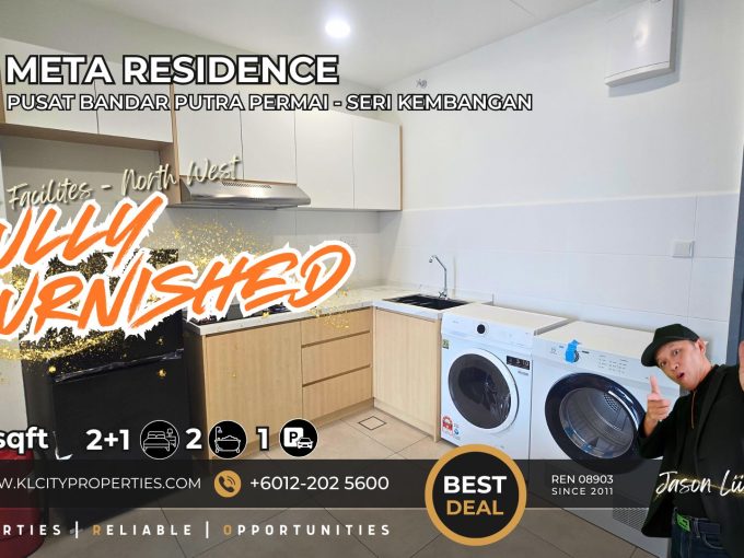 Fully furnished 2+1 bedroom kitchen area at Meta Residence Seri Kembangan near MRT station.