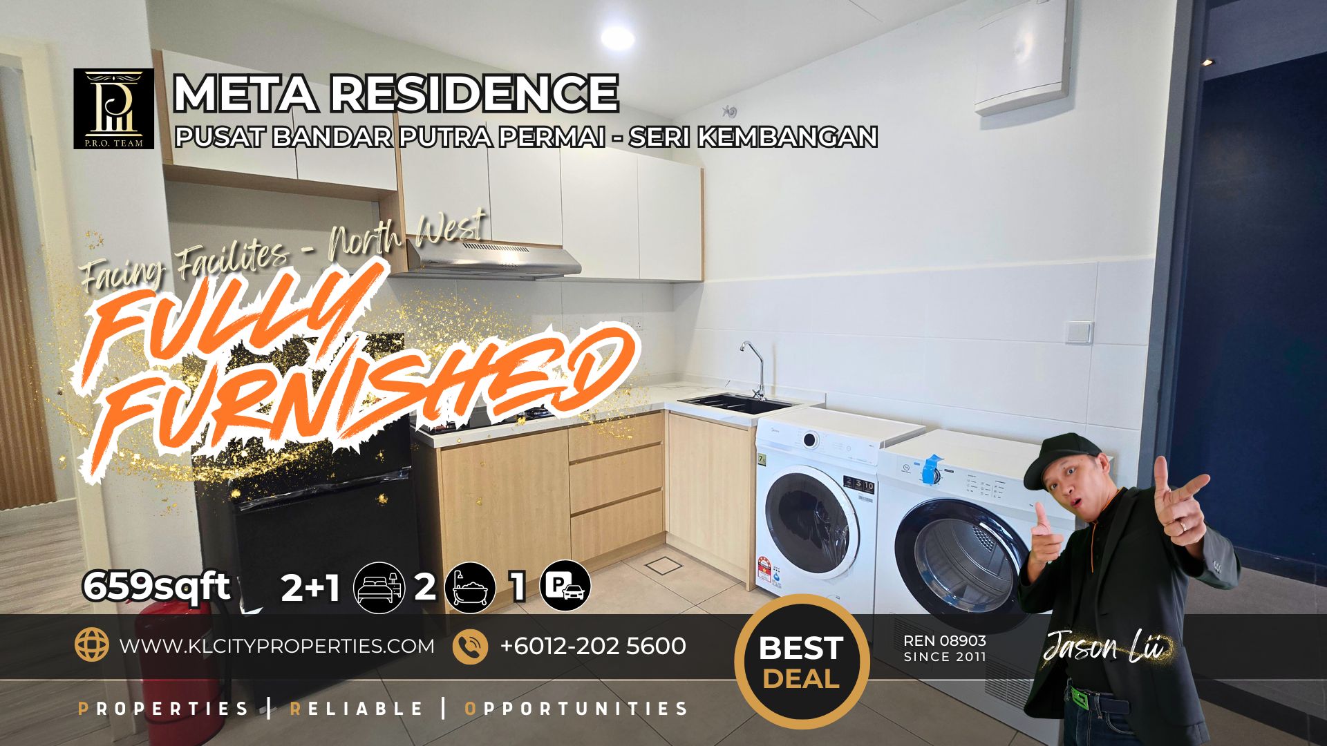 Fully furnished 2+1 bedroom kitchen area at Meta Residence Seri Kembangan near MRT station.