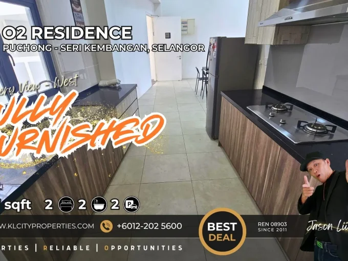 Modern kitchen featuring dark stone counter tops, gas cooktop, double sink, and built-in cabinets in a fully furnished 2-bedroom unit at O2 Residence Seri Kembangan.