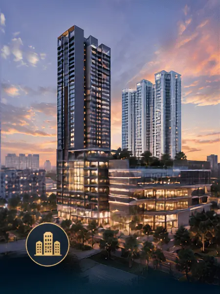 Modern high-rise commercial and residential building tower developed by SCP Group illuminated at sunset.