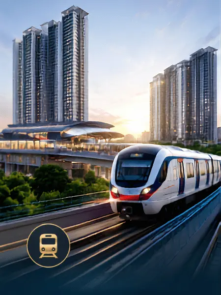 Modern LRT transit train running alongside high-rise residential towers symbolizing transit-oriented property developments.
