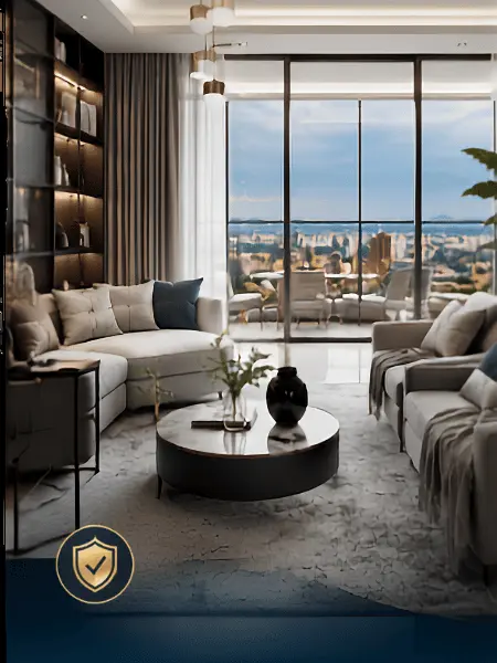 Elegantly furnished modern living room interior featuring full-height glass doors and scenic urban views.