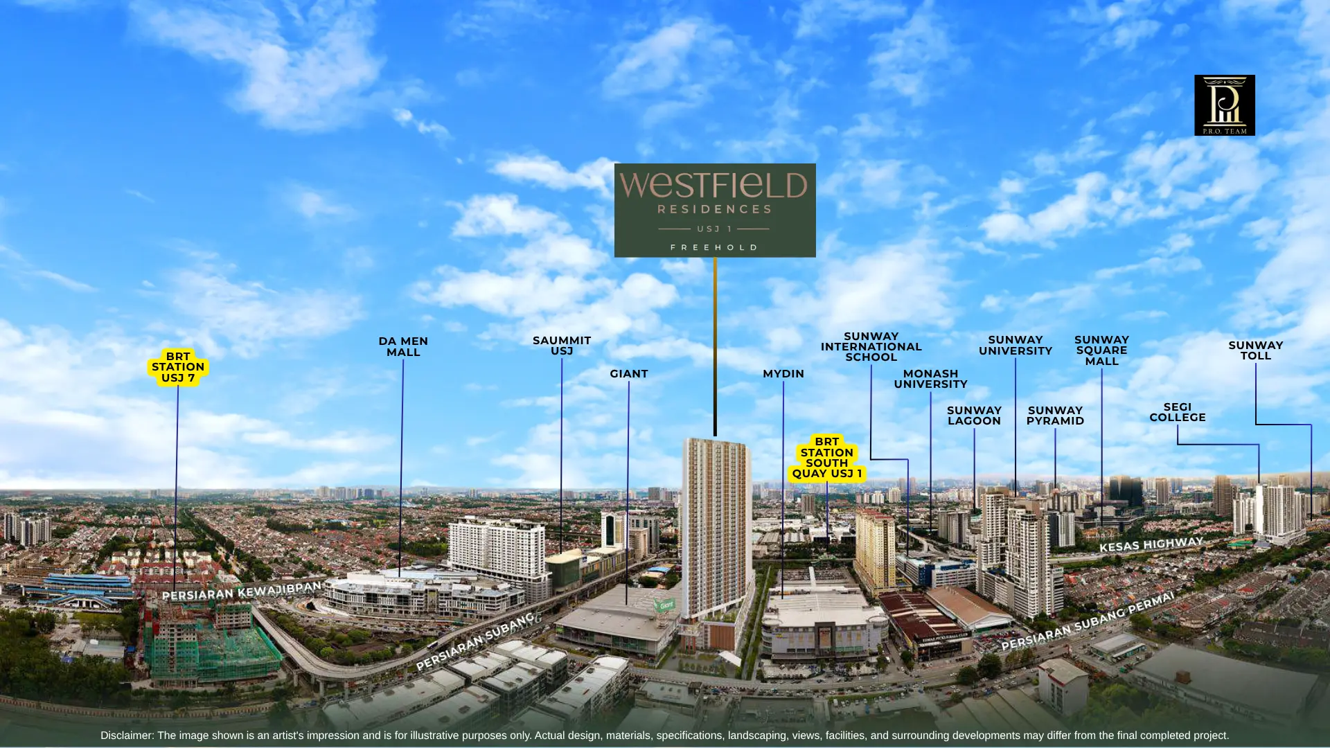 Aerial location map of SCP Westfield Residences USJ 1 showing proximity to South Quay BRT Station, USJ 7 BRT, Monash University, Sunway University, Da Men Mall, Mydin, and SEGi College.