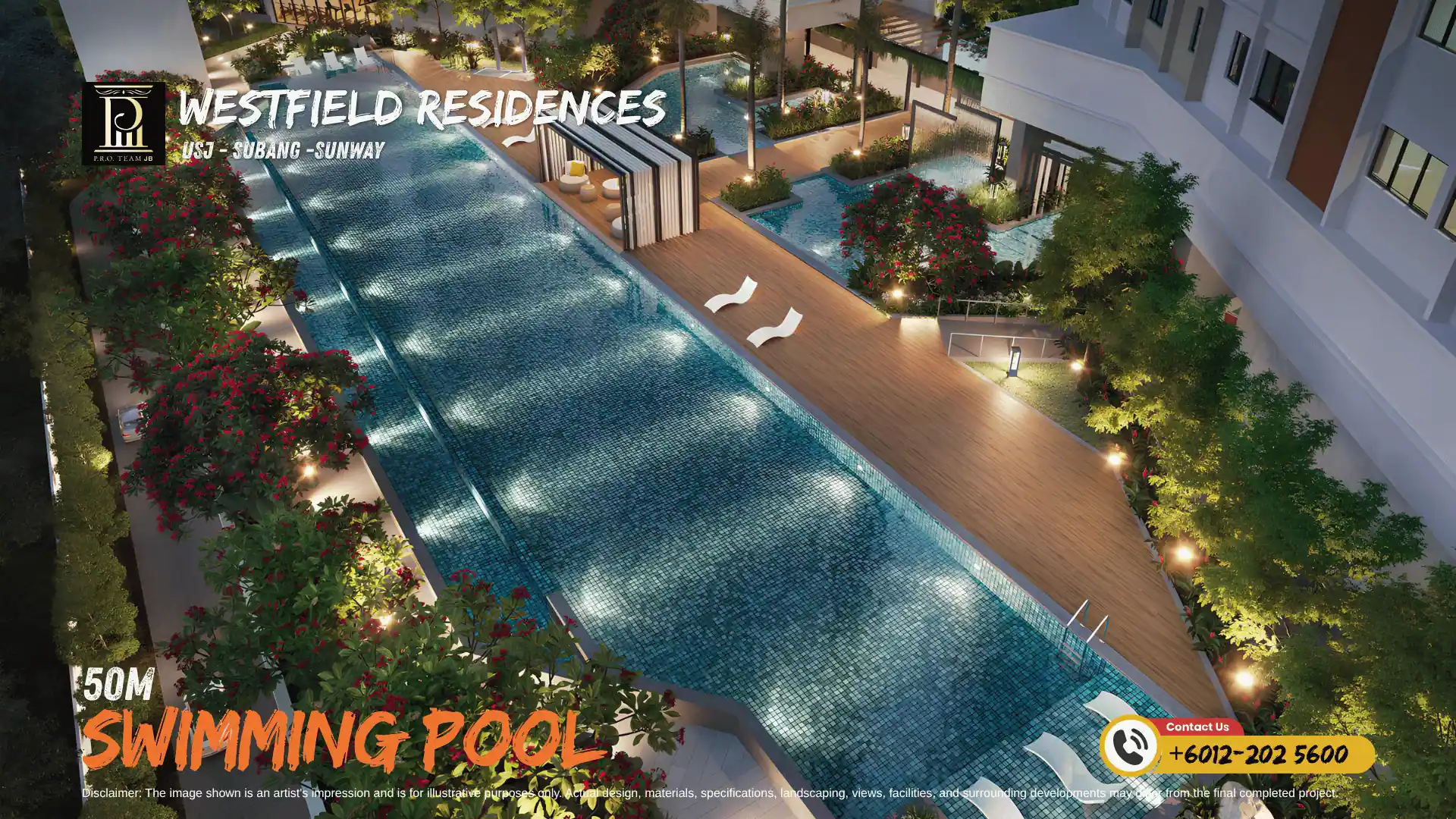 Aerial perspective render of the 50m saltwater lap pool and sun lounge deck at SCP Westfield Residences USJ 1.