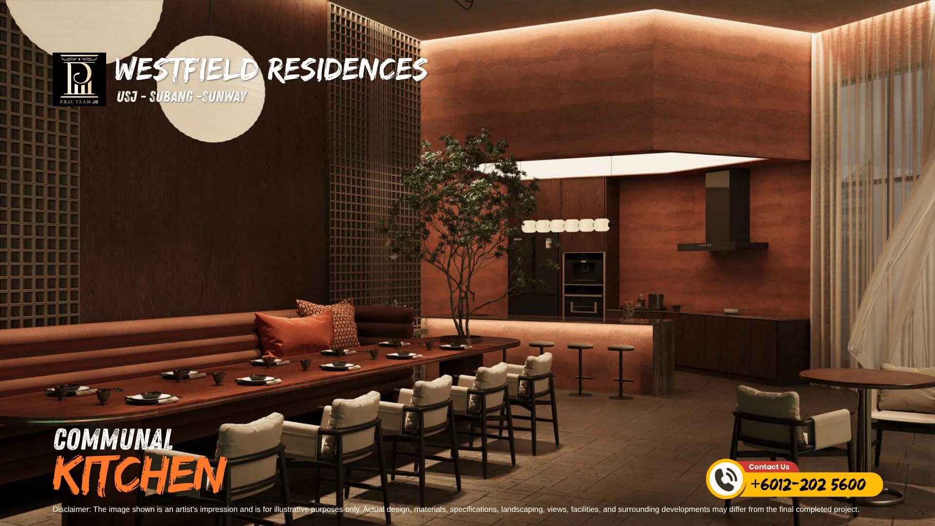Luxury communal kitchen and private dining room render at SCP Westfield Residences USJ 1.