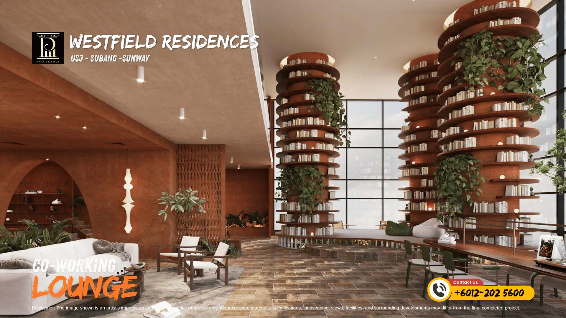 Double-volume co-working lounge with circular bookshelf pillars at SCP Westfield Residences USJ 1.