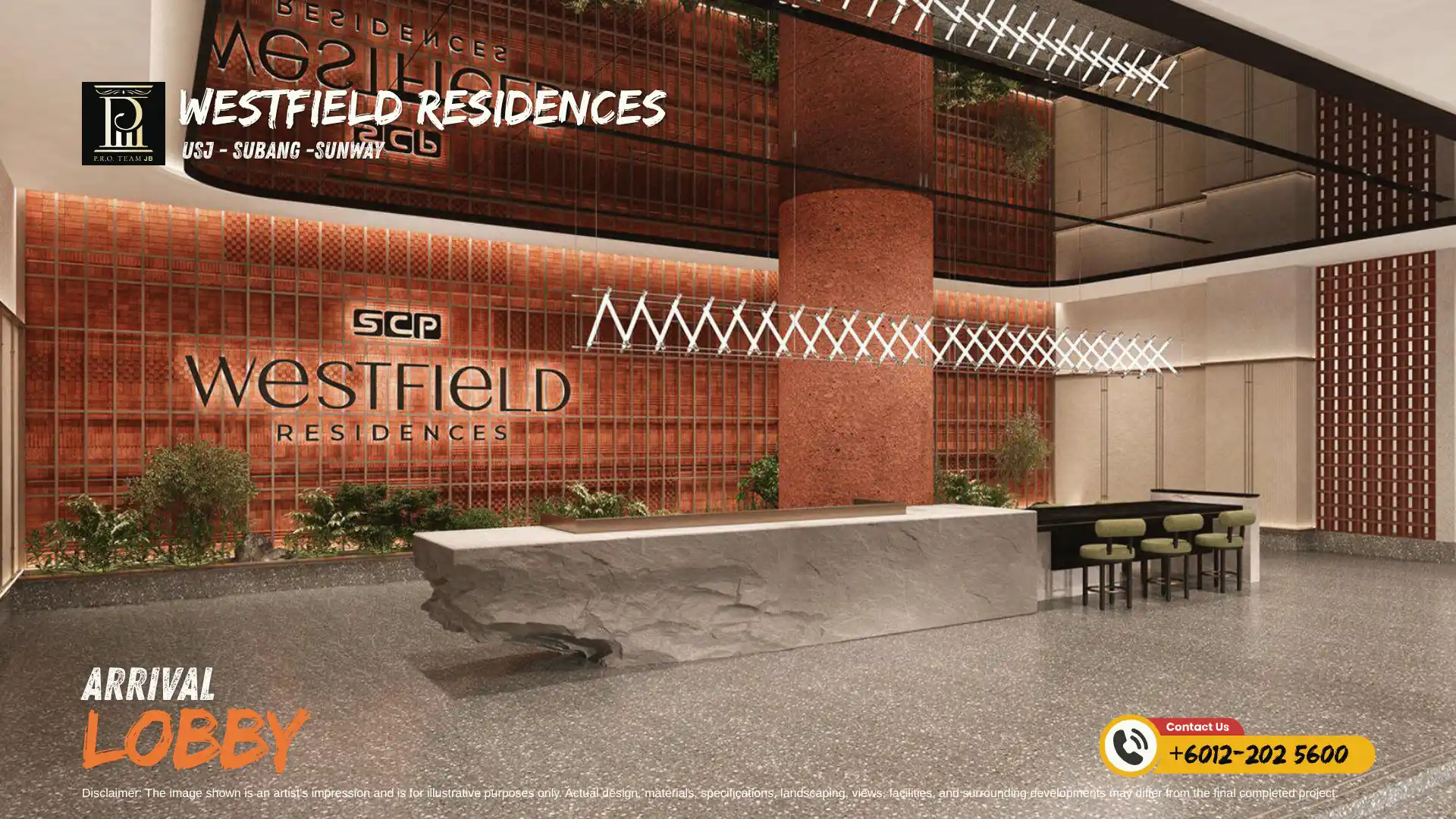 Modern grand arrival lobby with stone concierge counter and warm architectural lighting at SCP Westfield Residences USJ 1.