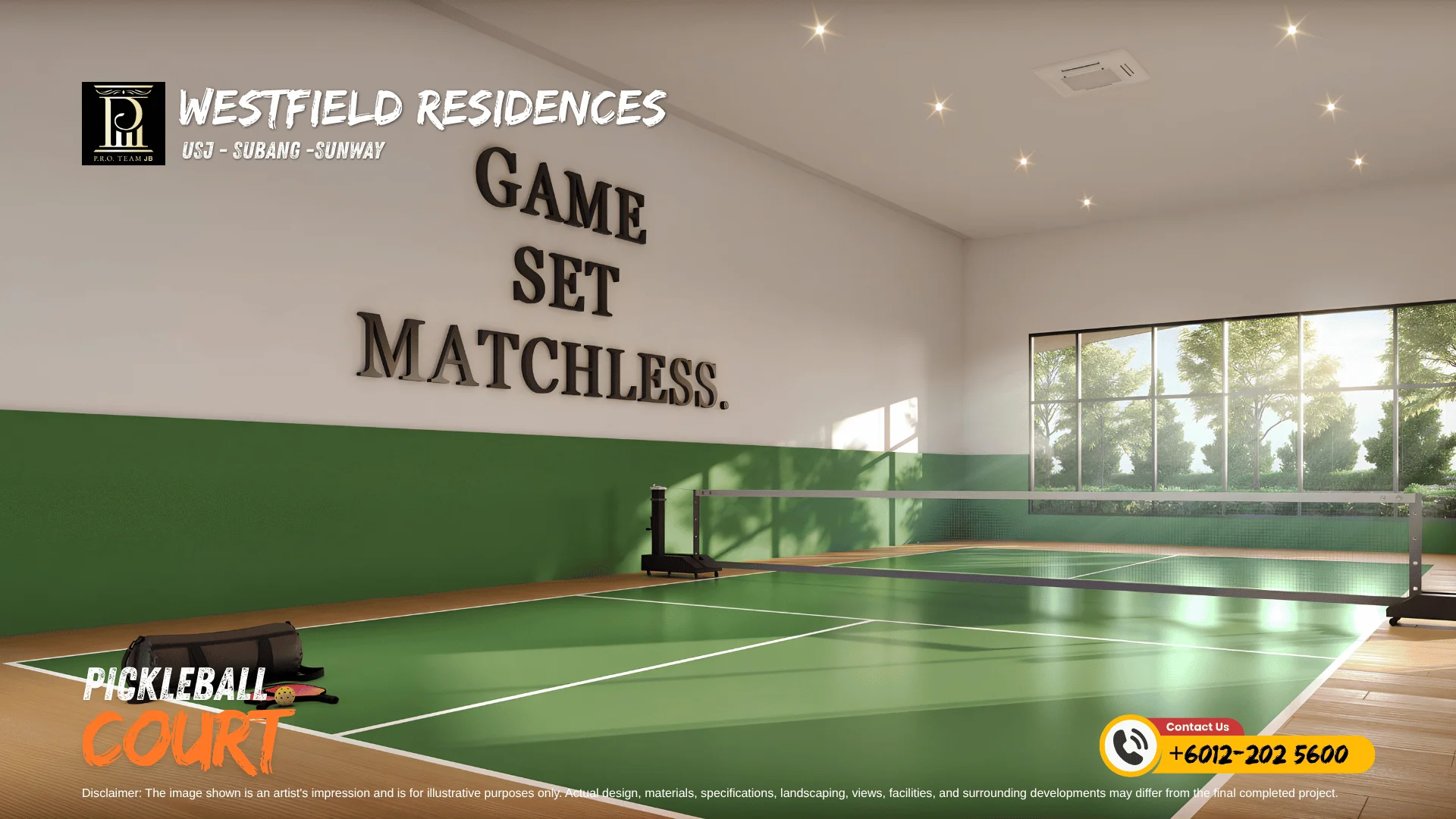 Dedicated indoor pickleball court with regulation netting and wooden floor borders at SCP Westfield Residences USJ 1.