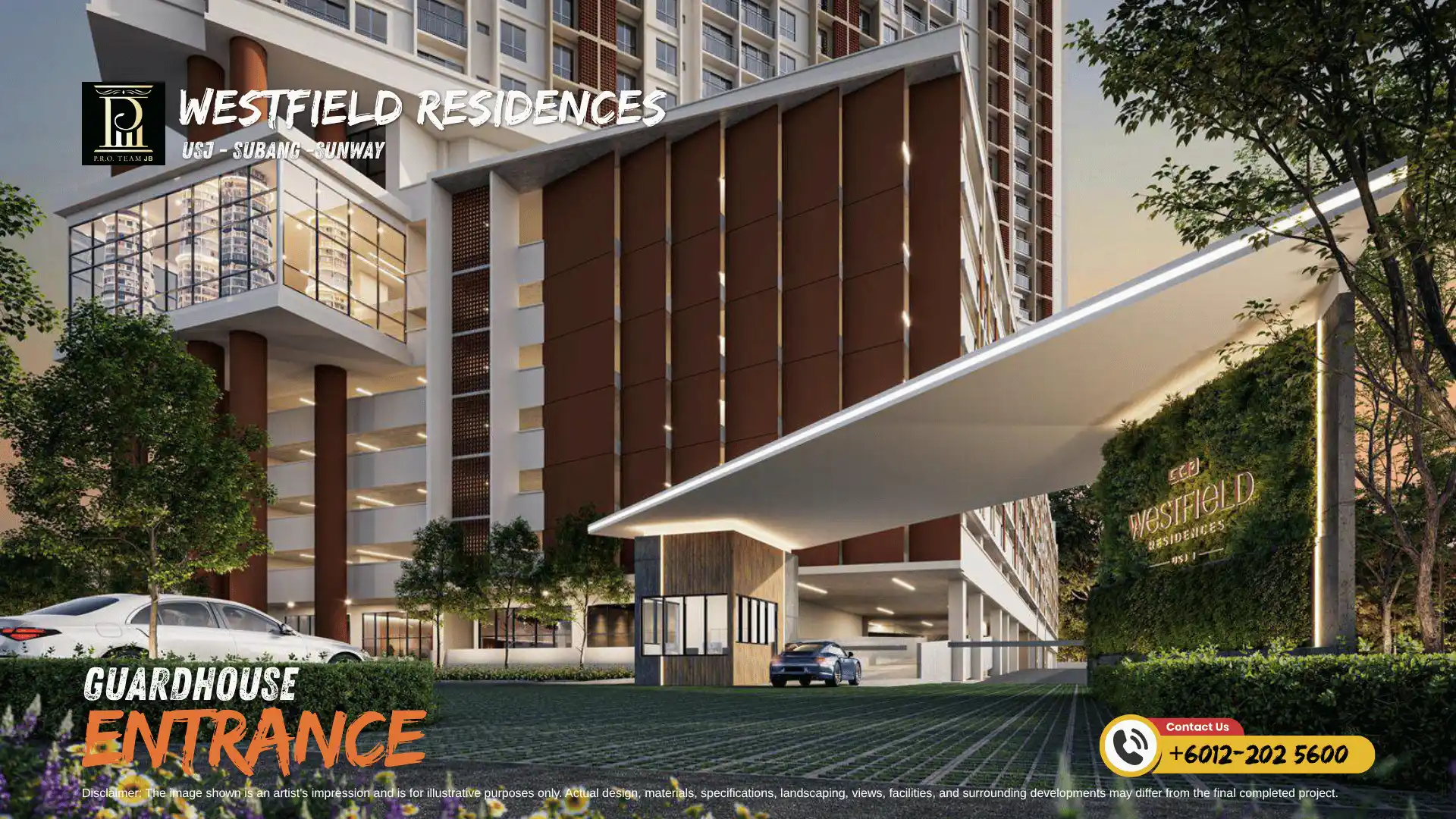 Modern main entrance gateway with 3-tier security guardhouse and biophilic green wall at SCP Westfield Residences USJ 1.