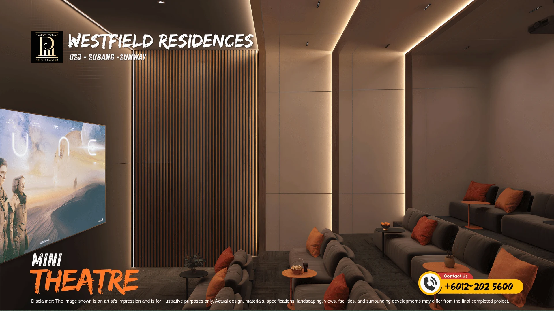 Private cinema screening room with plush sofa seating and widescreen display at SCP Westfield Residences USJ 1.