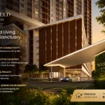 Grand entrance and modern facade of SCP Westfield Residences USJ 1 highlighting freehold tenure, starting price from RM636,000, and walking distance connectivity to LRT and BRT.