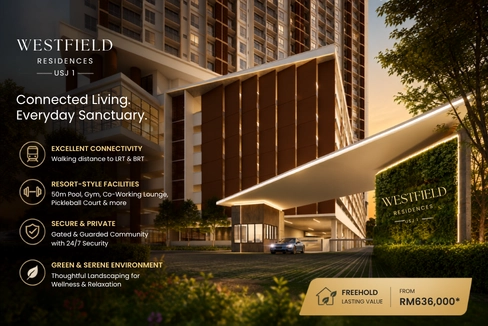 Grand entrance and modern facade of SCP Westfield Residences USJ 1 highlighting freehold tenure, starting price from RM636,000, and walking distance connectivity to LRT and BRT.