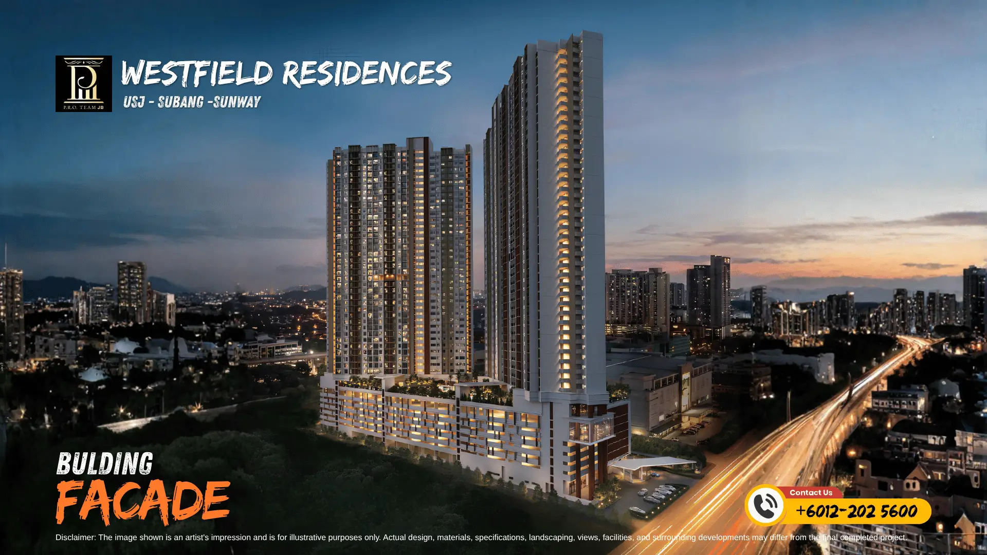 Night exterior view of the twin 44-storey modern residential towers of SCP Westfield Residences USJ 1 Subang Jaya.