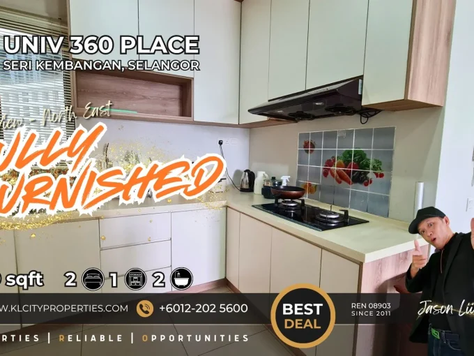 Fully furnished kitchen area featuring built-in cabinets, gas stove, and hob at UNIV 360 Place Seri Kembangan.