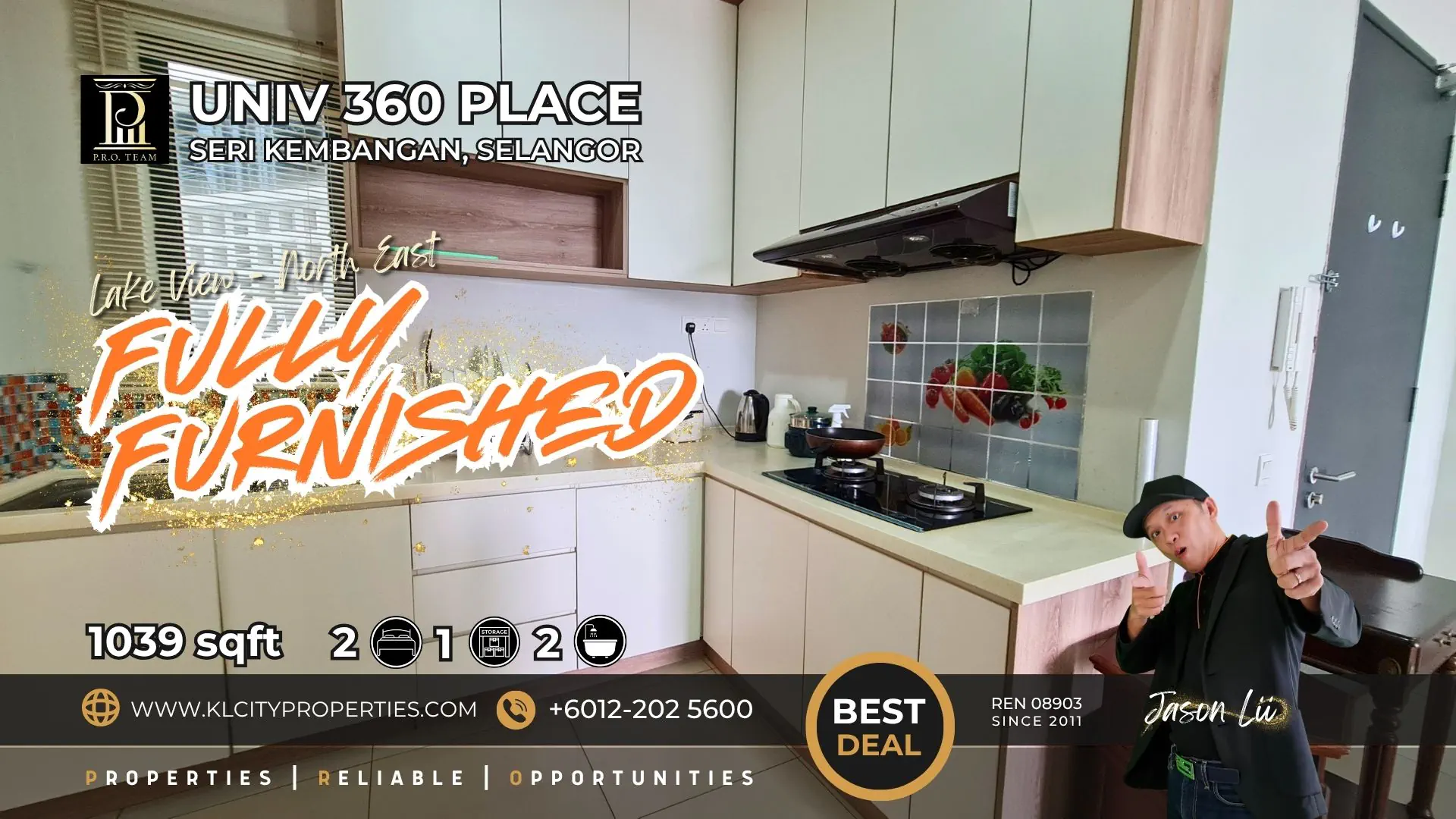 Fully furnished kitchen area featuring built-in cabinets, gas stove, and hob at UNIV 360 Place Seri Kembangan.