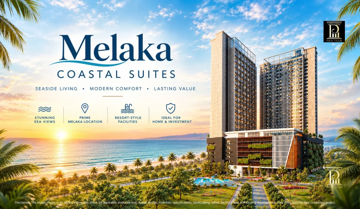 Artist impression featured banner of Melaka Coastal Suites beachfront towers overlooking the Malacca Straits at sunset
