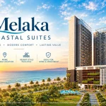 Artist impression featured banner of Melaka Coastal Suites beachfront towers overlooking the Malacca Straits at sunset
