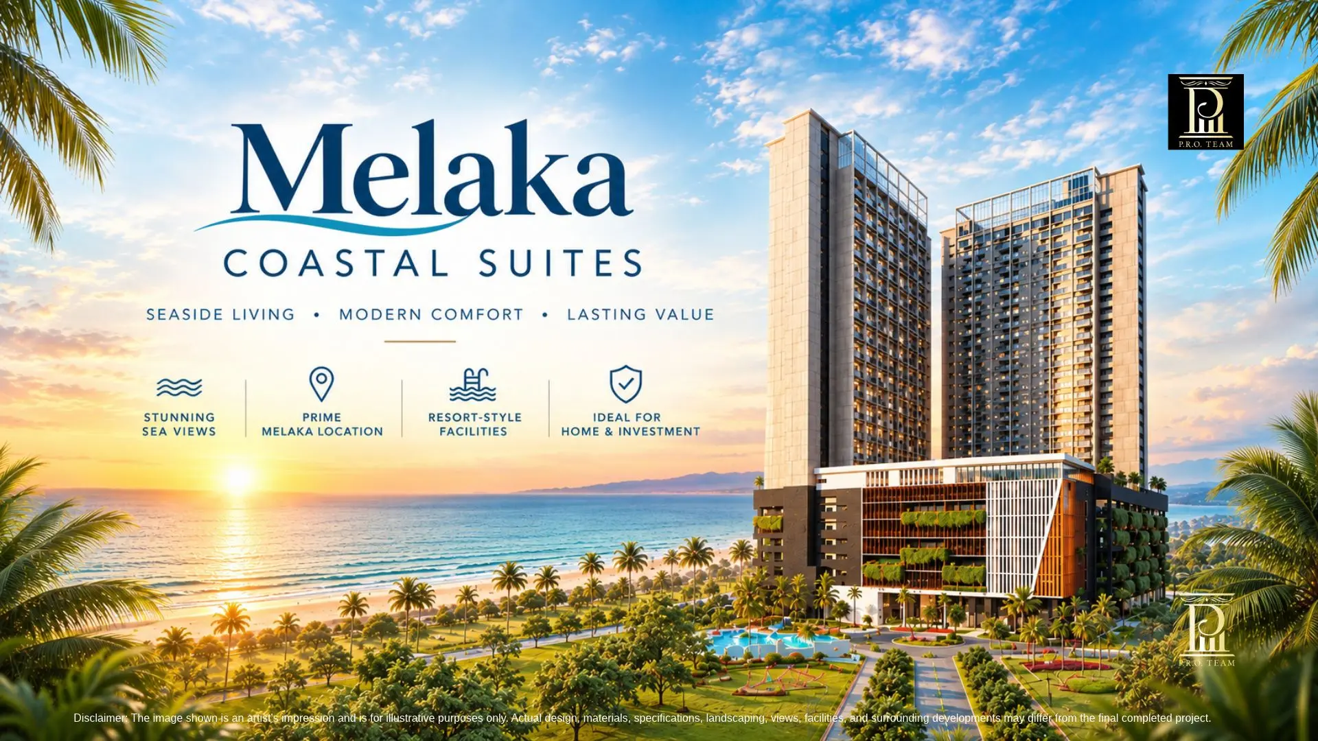 Artist impression featured banner of Melaka Coastal Suites beachfront towers overlooking the Malacca Straits at sunset