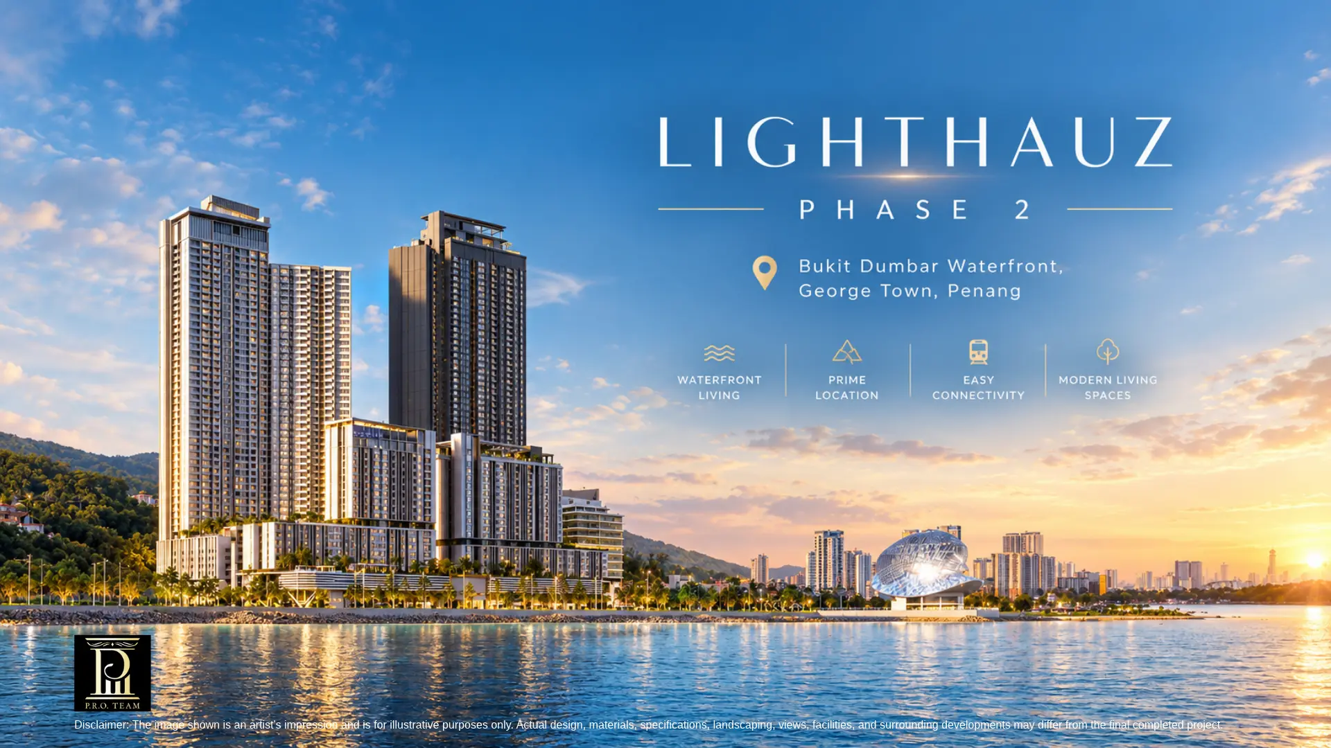 Artist's impression feature graphic of Lighthauz Phase 2 (The CapeHauz) waterfront development in Bukit Dumbar, George Town, Penang, showcasing the 52-storey coastal tower and Lin Xiang Xiong Art Gallery along the sea.