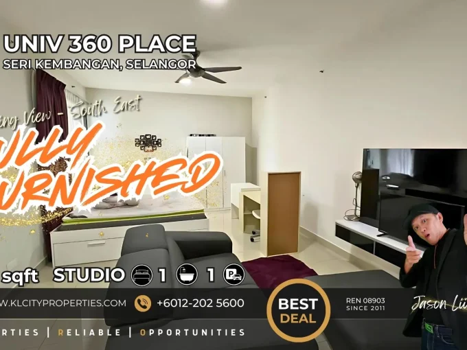 Fully furnished studio living room with sofa, bed, wardrobe, and TV console at UNIV 360 Place Seri Kembangan near UPM